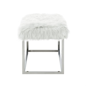 Homeroots 40" White And Silver Upholstered Faux Fur Bench White Metal 490850