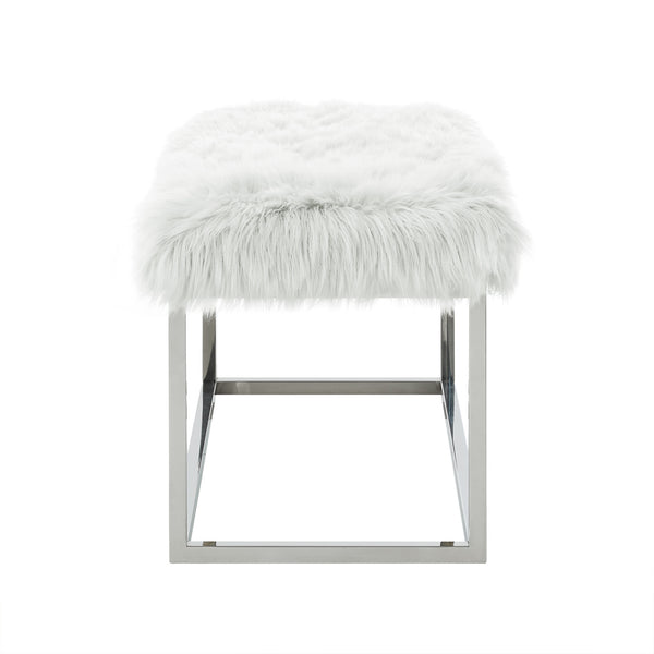 Homeroots 40" White And Silver Upholstered Faux Fur Bench White Metal 490850