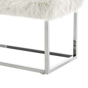 Homeroots 40" White And Silver Upholstered Faux Fur Bench White Metal 490850