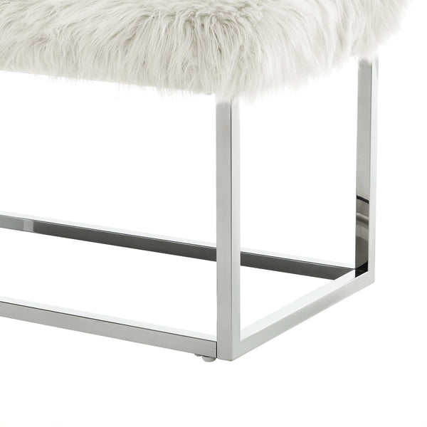 Homeroots 40" White And Silver Upholstered Faux Fur Bench White Metal 490850
