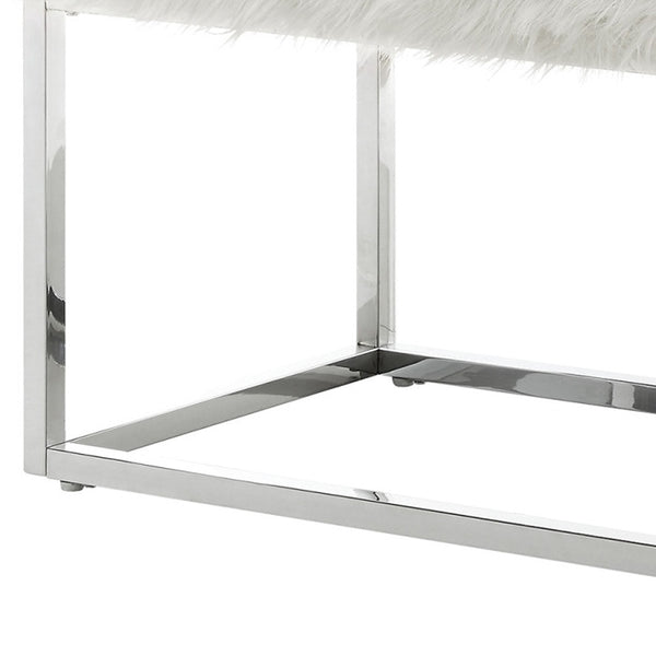 Homeroots 40" White And Silver Upholstered Faux Fur Bench White Metal 490850
