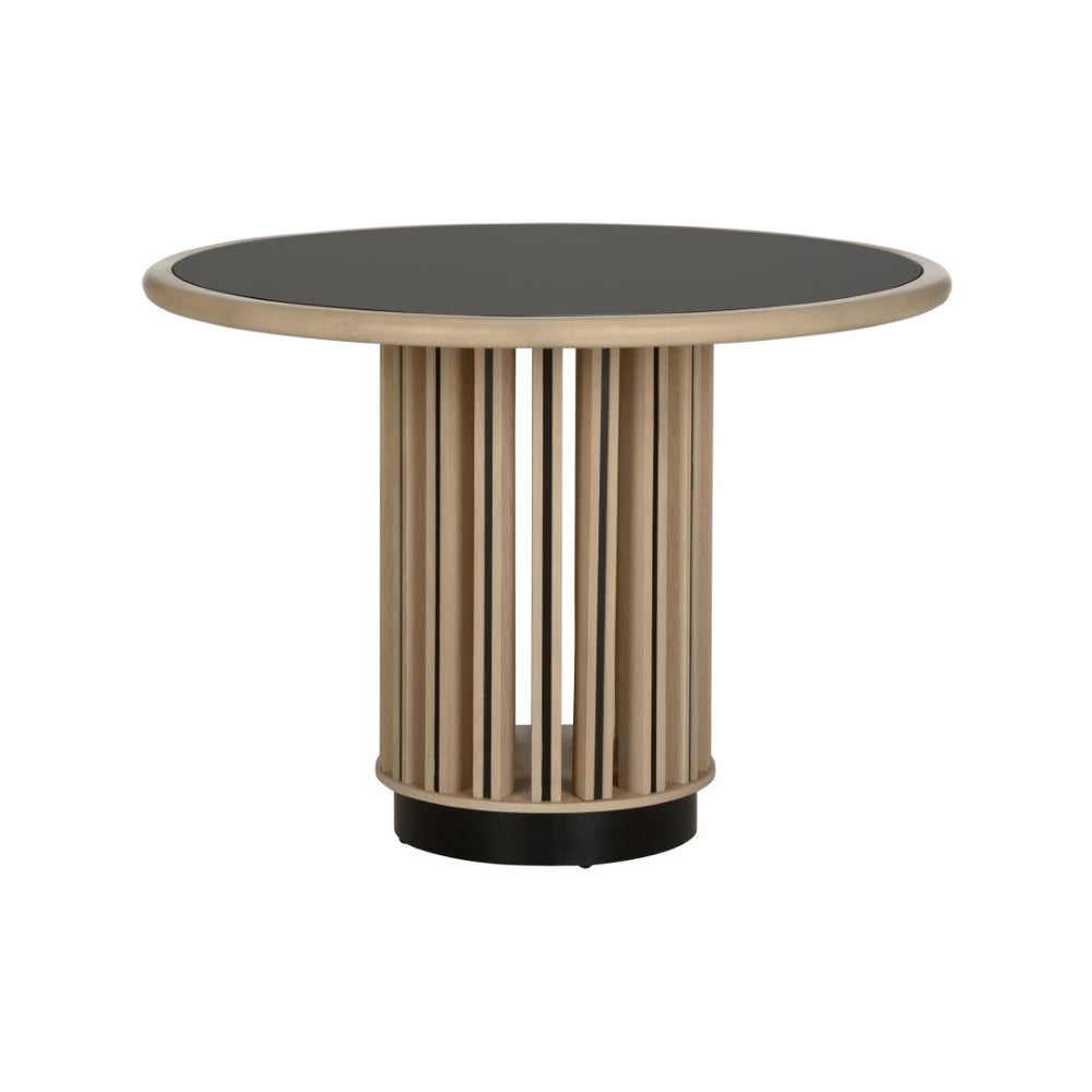 Wildwood Perret Round Center Table With Black Tempered Glass Top, White Oak & Bronze Accents For Modern Living 490853