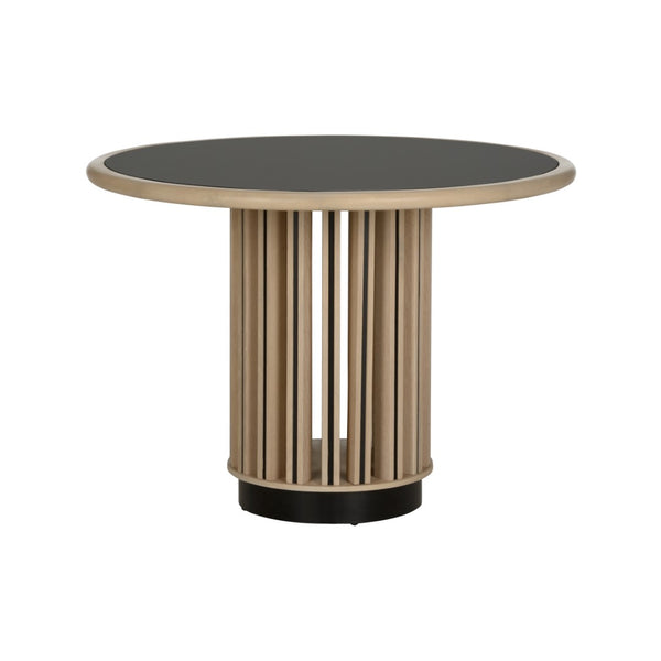 Wildwood Perret Round Center Table With Black Tempered Glass Top, White Oak & Bronze Accents For Modern Living 490853