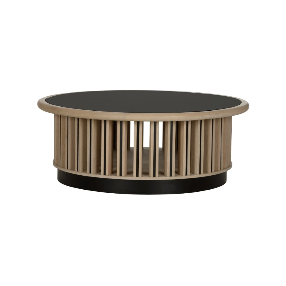 Wildwood Perret Round Cocktail Table With Black Glass Top & White Oak Slatted Bronze Base, 42" Stylish 490854