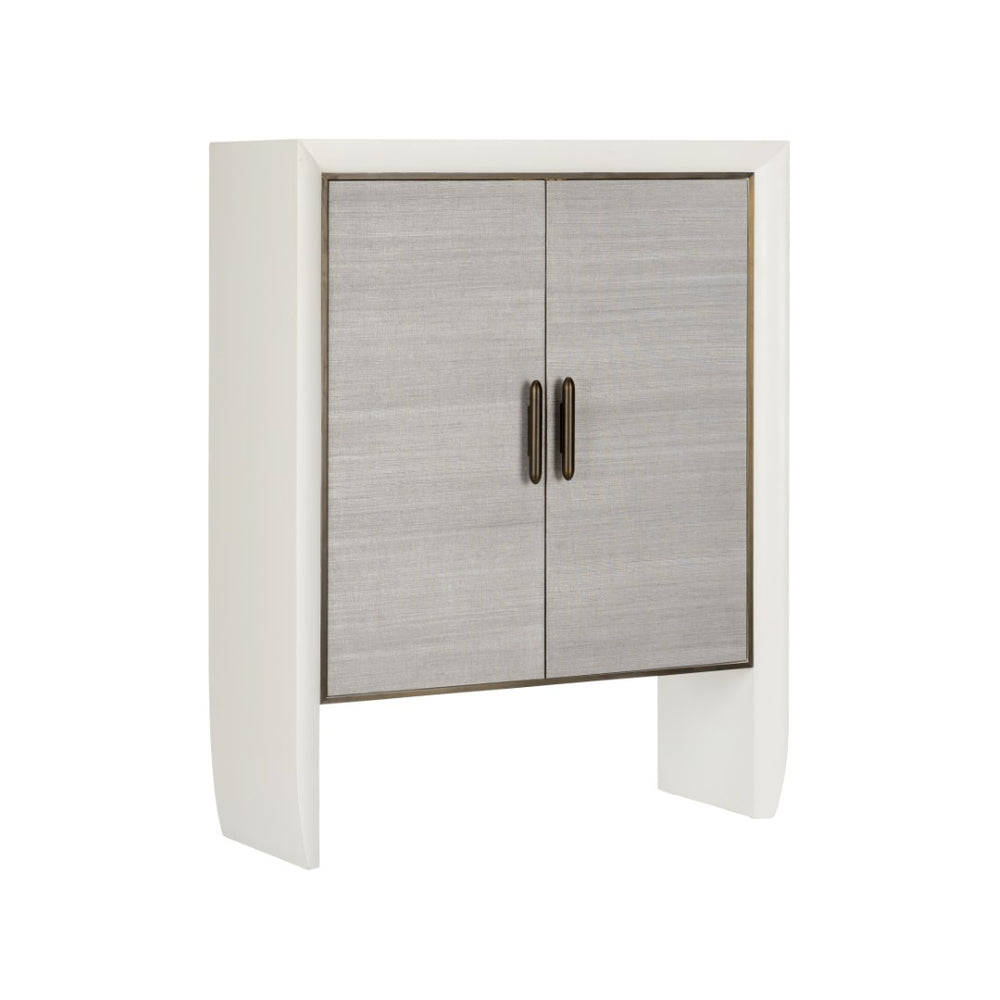 Wildwood Zep Bar Cabinet With Gray Grasscloth Doors, White Wood Frame, Bronze Hardware & Glass Shelves For Display 490858