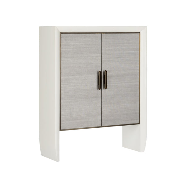 Wildwood Zep Bar Cabinet With Gray Grasscloth Doors, White Wood Frame, Bronze Hardware & Glass Shelves For Display 490858