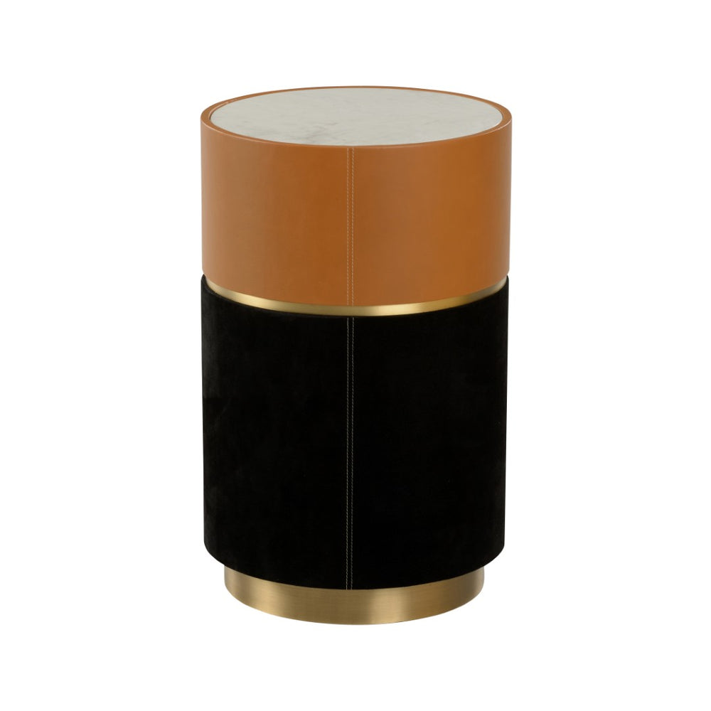 Wildwood Casey Marble Drinks Table With Leather & Suede Base, Antique Brass Accent — Compact Luxury Side Table 490860