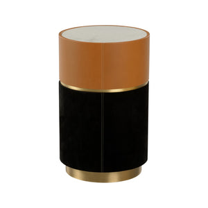 Wildwood Casey Marble Drinks Table With Leather & Suede Base, Antique Brass Accent — Compact Luxury Side Table 490860