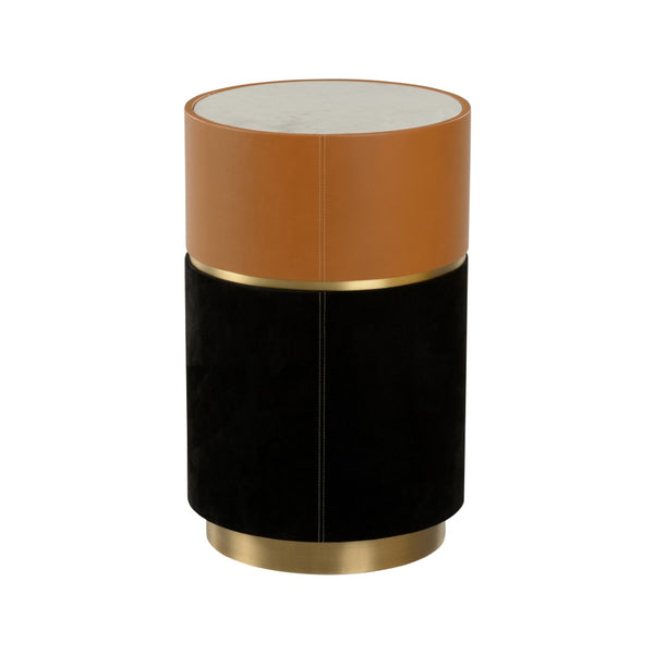 Wildwood Casey Marble Drinks Table With Leather & Suede Base, Antique Brass Accent — Compact Luxury Side Table 490860