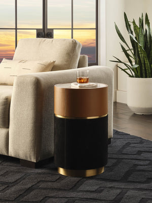 Wildwood Casey Marble Drinks Table With Leather & Suede Base, Antique Brass Accent — Compact Luxury Side Table 490860