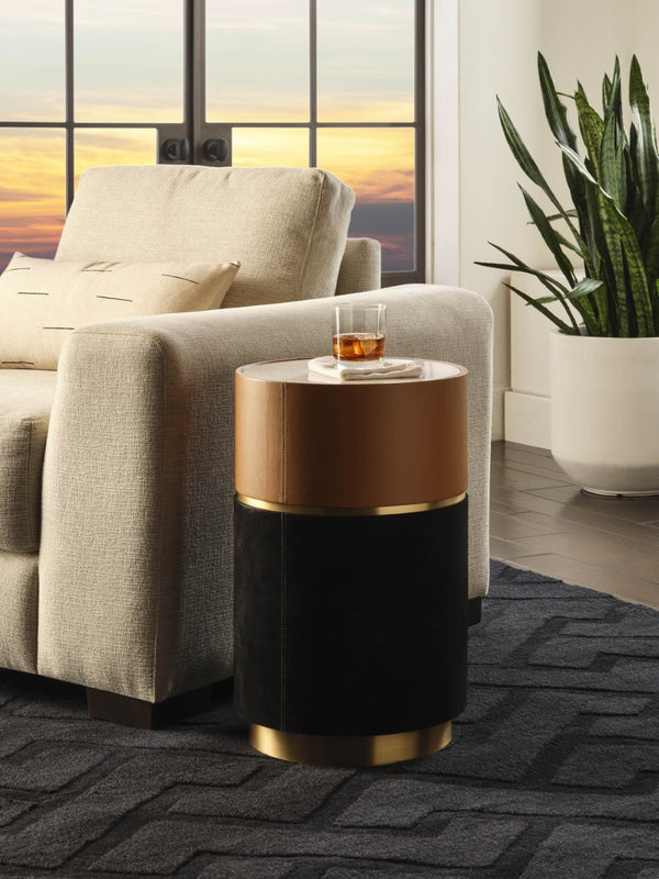 Wildwood Casey Marble Drinks Table With Leather & Suede Base, Antique Brass Accent — Compact Luxury Side Table 490860