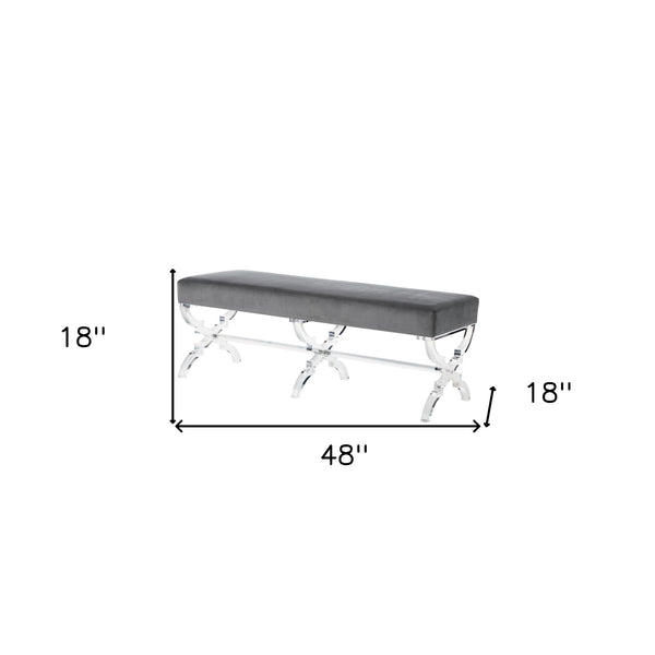 Homeroots 48" Gray And Clear Velvet Upholstered Bench Grey,Velvet Acrylic 490864