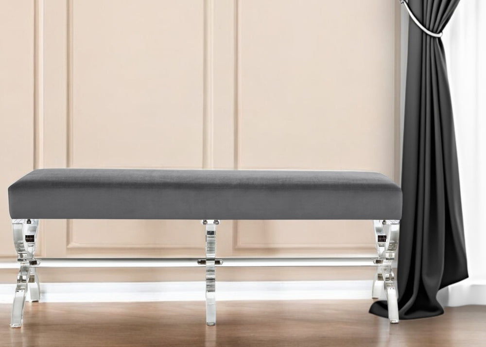Homeroots 48" Gray And Clear Velvet Upholstered Bench Grey,Velvet Acrylic 490864
