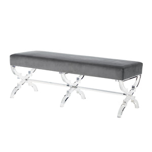 Homeroots 48" Gray And Clear Velvet Upholstered Bench Grey,Velvet Acrylic 490864