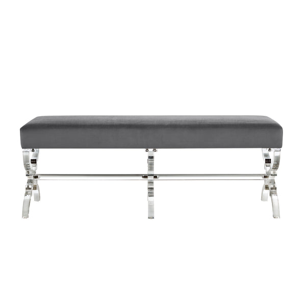 Homeroots 48" Gray And Clear Velvet Upholstered Bench Grey,Velvet Acrylic 490864