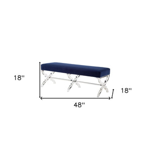 Homeroots 48" Navy Blue And Clear Velvet Upholstered Bench Navy,Velvet Acrylic 490865