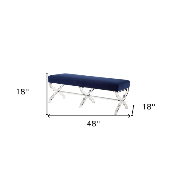 Homeroots 48" Navy Blue And Clear Velvet Upholstered Bench Navy,Velvet Acrylic 490865