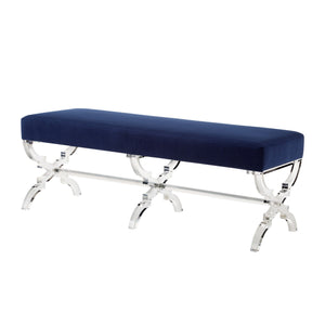 Homeroots 48" Navy Blue And Clear Velvet Upholstered Bench Navy,Velvet Acrylic 490865