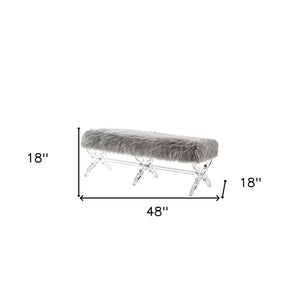 Homeroots 48" Gray And Clear Faux Fur Upholstered Bench Grey,Faux Fur Acrylic 490866