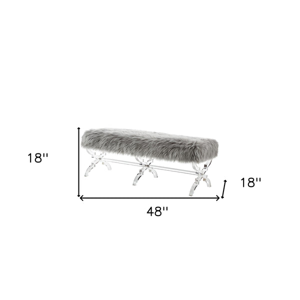 Homeroots 48" Gray And Clear Faux Fur Upholstered Bench Grey,Faux Fur Acrylic 490866