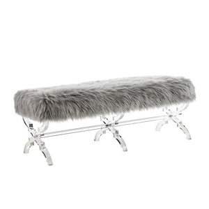 Homeroots 48" Gray And Clear Faux Fur Upholstered Bench Grey,Faux Fur Acrylic 490866