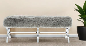Homeroots 48" Gray And Clear Faux Fur Upholstered Bench Grey,Faux Fur Acrylic 490866