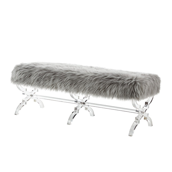 Homeroots 48" Gray And Clear Faux Fur Upholstered Bench Grey,Faux Fur Acrylic 490866