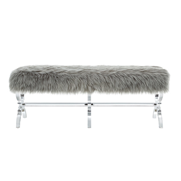 Homeroots 48" Gray And Clear Faux Fur Upholstered Bench Grey,Faux Fur Acrylic 490866