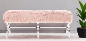 Homeroots 48" Rose And Clear Faux Fur Upholstered Bench Rose,Faux Fur Acrylic 490867