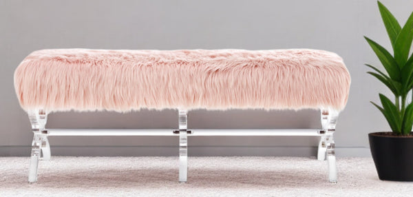 Homeroots 48" Rose And Clear Faux Fur Upholstered Bench Rose,Faux Fur Acrylic 490867
