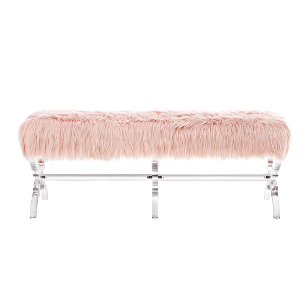 Homeroots 48" Rose And Clear Faux Fur Upholstered Bench Rose,Faux Fur Acrylic 490867