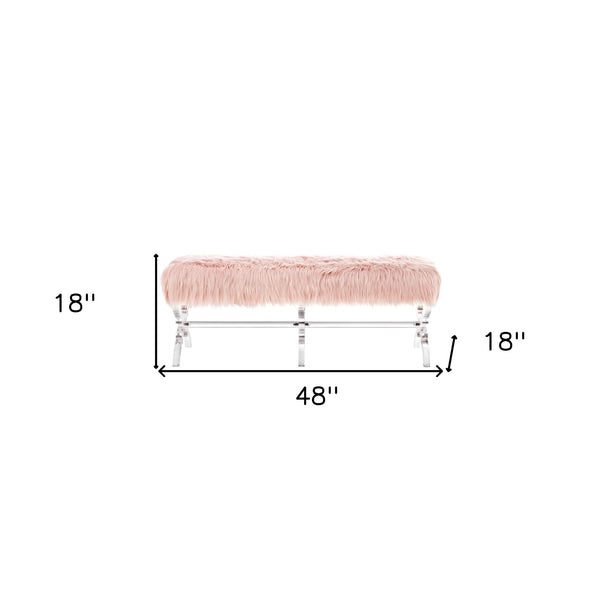 Homeroots 48" Rose And Clear Faux Fur Upholstered Bench Rose,Faux Fur Acrylic 490867