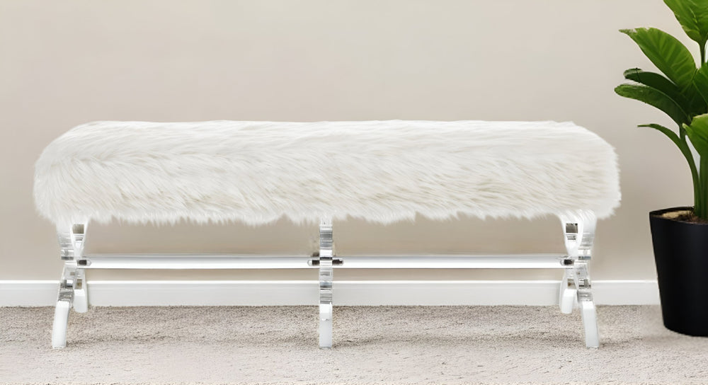 HomeRoots 48" Stylish Upholstered Bench with Clear Acrylic Frame - Perfect for Bedroom and Entryway Décor Cream White, Faux Fur Faux Fur 490868