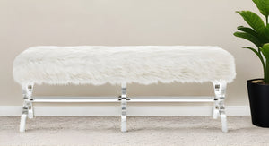Homeroots 48" White And Clear Faux Fur Upholstered Bench Cream White,Faux Fur Acrylic 490868