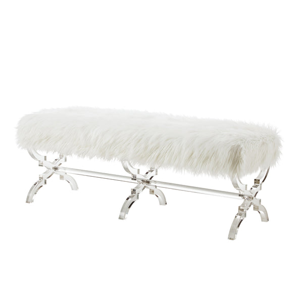 Homeroots 48" White And Clear Faux Fur Upholstered Bench Cream White,Faux Fur Acrylic 490868