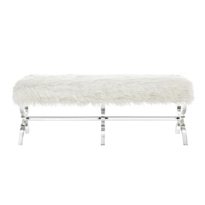 Homeroots 48" White And Clear Faux Fur Upholstered Bench Cream White,Faux Fur Acrylic 490868