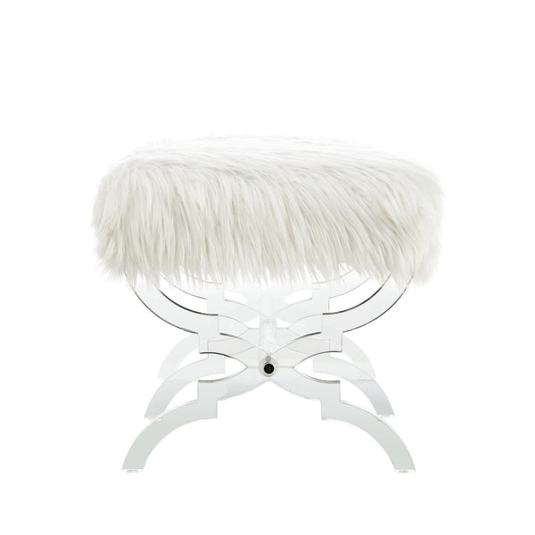 Homeroots 48" White And Clear Faux Fur Upholstered Bench Cream White,Faux Fur Acrylic 490868