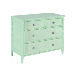 Wildwood Gutshall Seafoam Four-Drawer Coastal Chest With Bamboo Motif, Woven Caning Fronts & Satin Nickel Hardware 490869