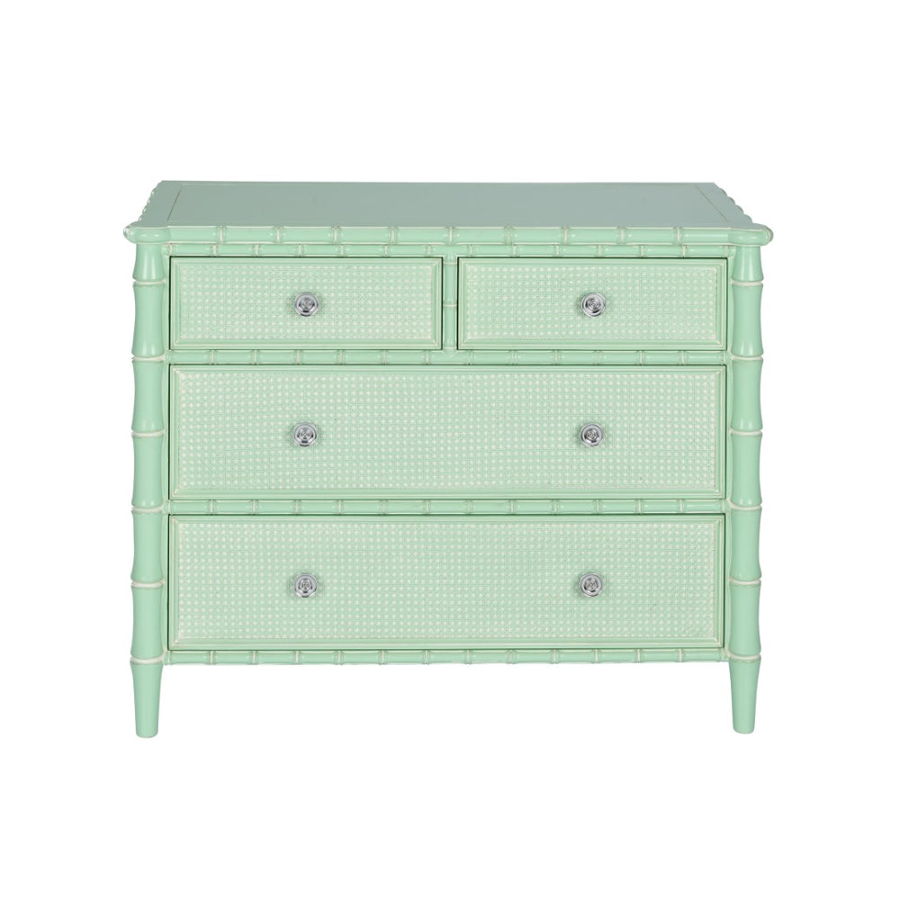 Wildwood Gutshall Seafoam Four-Drawer Coastal Chest With Bamboo Motif, Woven Caning Fronts & Satin Nickel Hardware 490869