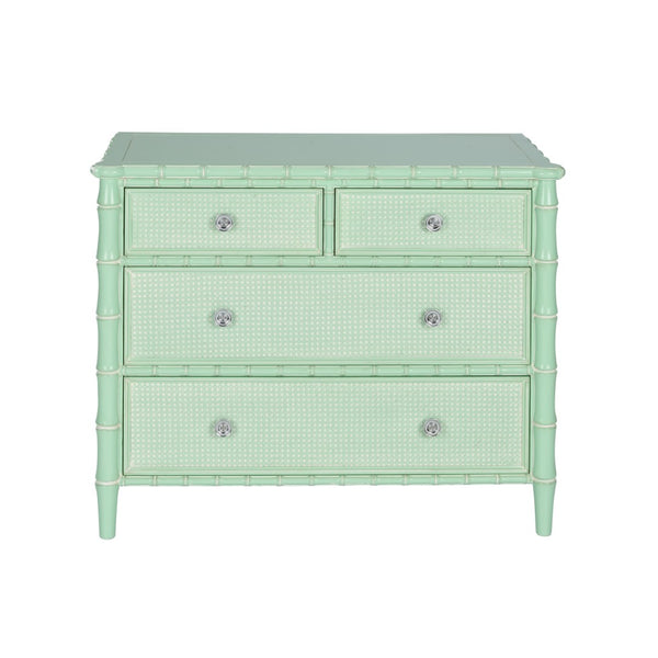 Wildwood Gutshall Seafoam Four-Drawer Coastal Chest With Bamboo Motif, Woven Caning Fronts & Satin Nickel Hardware 490869
