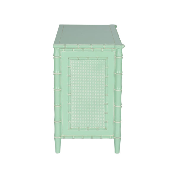 Wildwood Gutshall Seafoam Four-Drawer Coastal Chest With Bamboo Motif, Woven Caning Fronts & Satin Nickel Hardware 490869