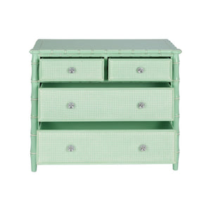 Wildwood Gutshall Seafoam Four-Drawer Coastal Chest With Bamboo Motif, Woven Caning Fronts & Satin Nickel Hardware 490869