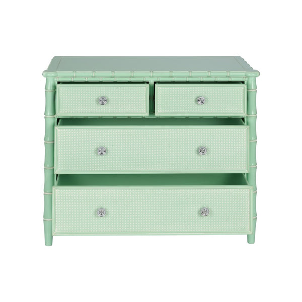 Wildwood Gutshall Seafoam Four-Drawer Coastal Chest With Bamboo Motif, Woven Caning Fronts & Satin Nickel Hardware 490869