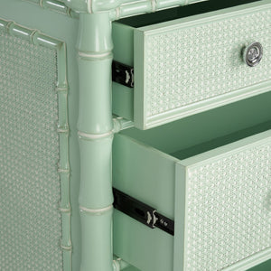 Wildwood Gutshall Seafoam Four-Drawer Coastal Chest With Bamboo Motif, Woven Caning Fronts & Satin Nickel Hardware 490869
