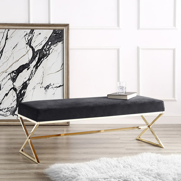 Homeroots 48" Black And Gold Upholstered Velvet Bench Black,Velvet Metal 490869