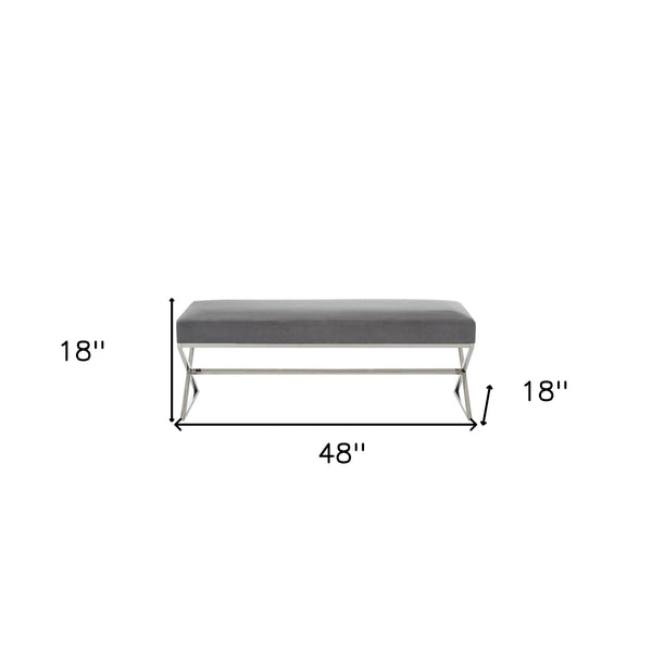 Homeroots 48" Gray And Silver Velvet Upholstered Bench Grey,Velvet Metal 490870