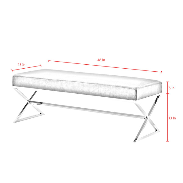 Homeroots 48" Gray And Silver Velvet Upholstered Bench Grey,Velvet Metal 490870