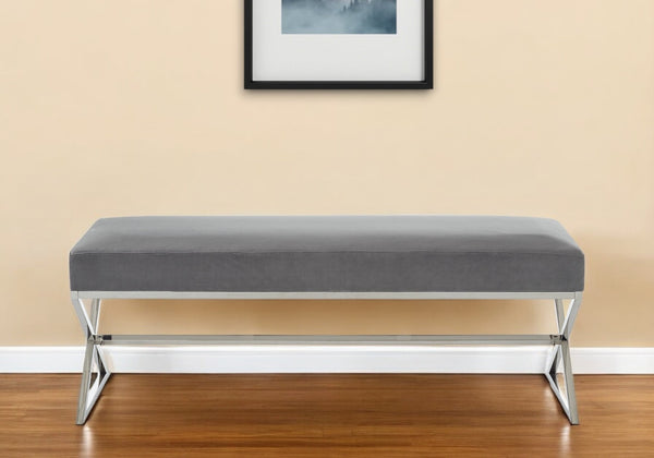 Homeroots 48" Gray And Silver Velvet Upholstered Bench Grey,Velvet Metal 490870