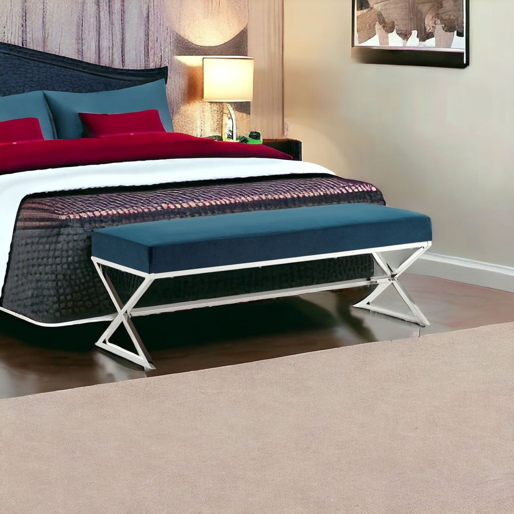 HomeRoots 48" Upholstered Glamour Bench with Gold Metal Base – Stylish Seating for Bedroom and Entryway Decor Navy, Velvet Velvet 490871