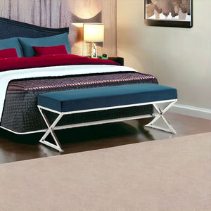 Homeroots 48" Navy Blue And Silver Upholstered Velvet Bench Navy,Velvet Metal 490871